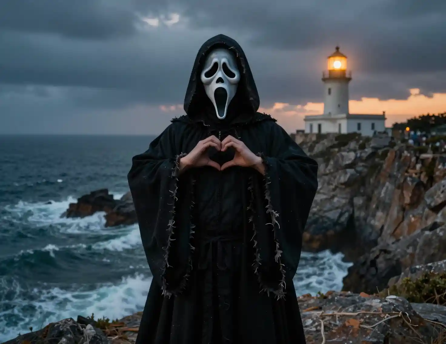 Masked Figure Forms a Heart Against a Twilight Coastal Lighthouse