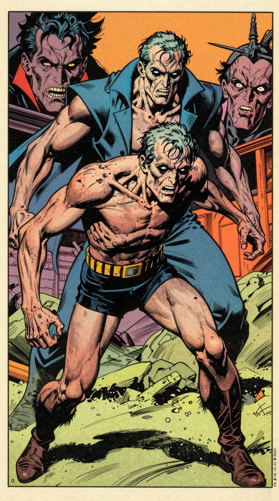 Vintage comic book heroes face off in a dramatic 1970s panel