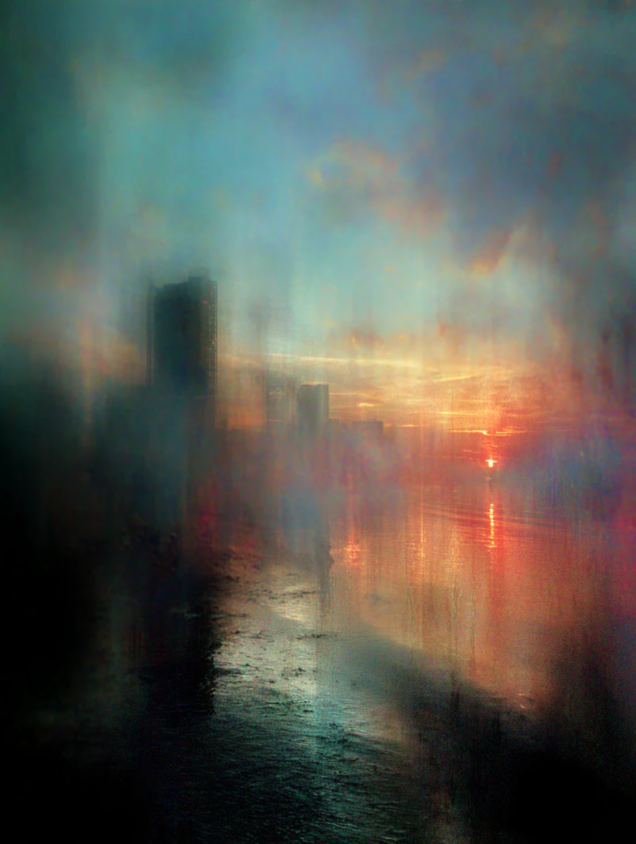 A dreamlike cityscape in rich colors and soft spectral haze