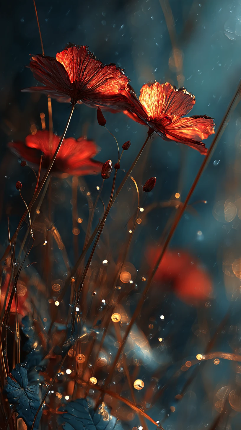 Ethereal Red Blossoms Glowing Beneath Warm Golden Light