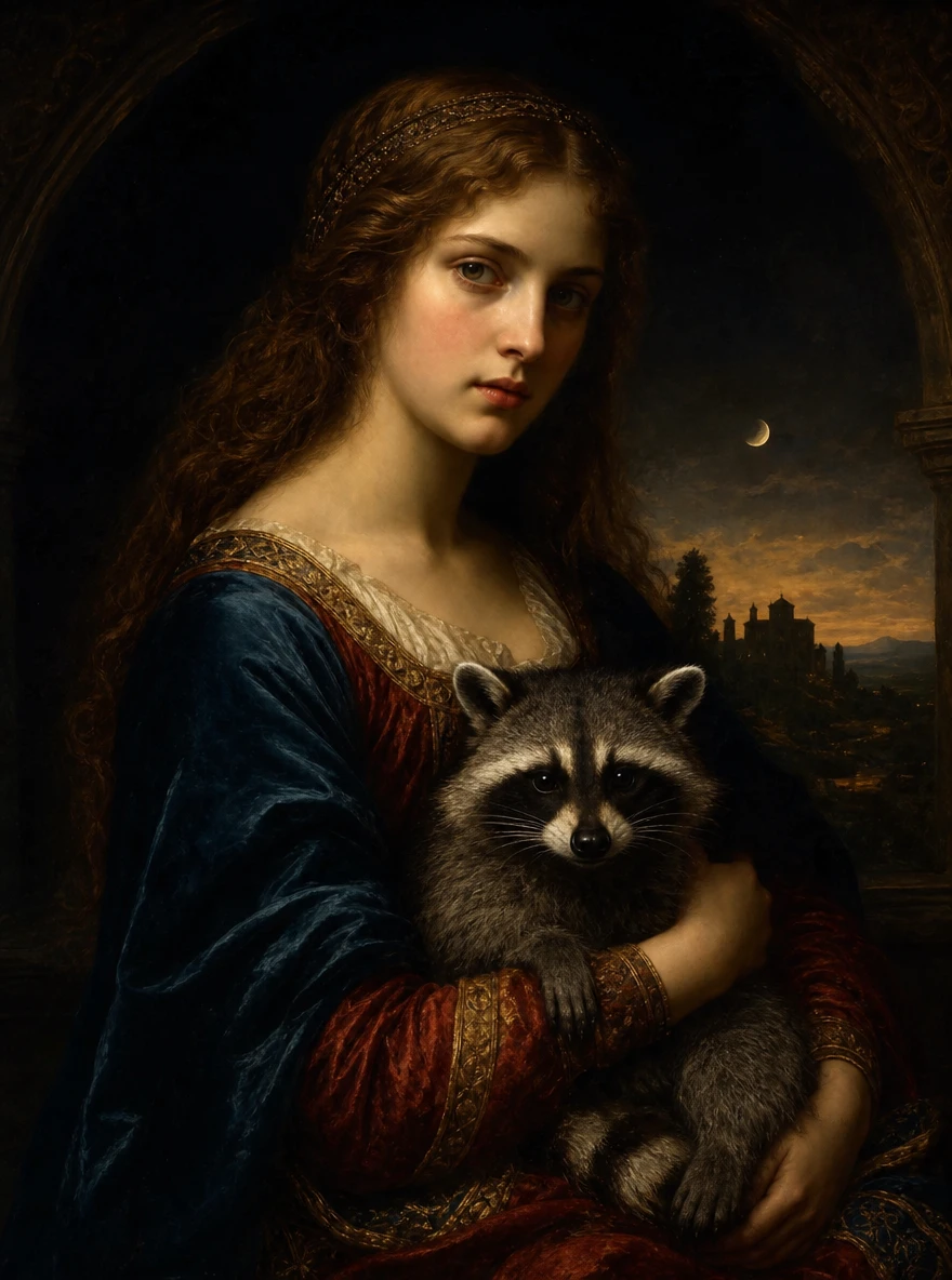 A young woman cradles a raccoon in the evening