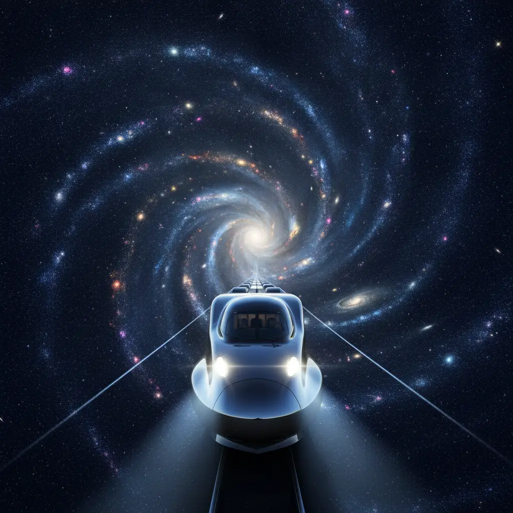 A train speeds across a starry sky with headlights cutting through darkness