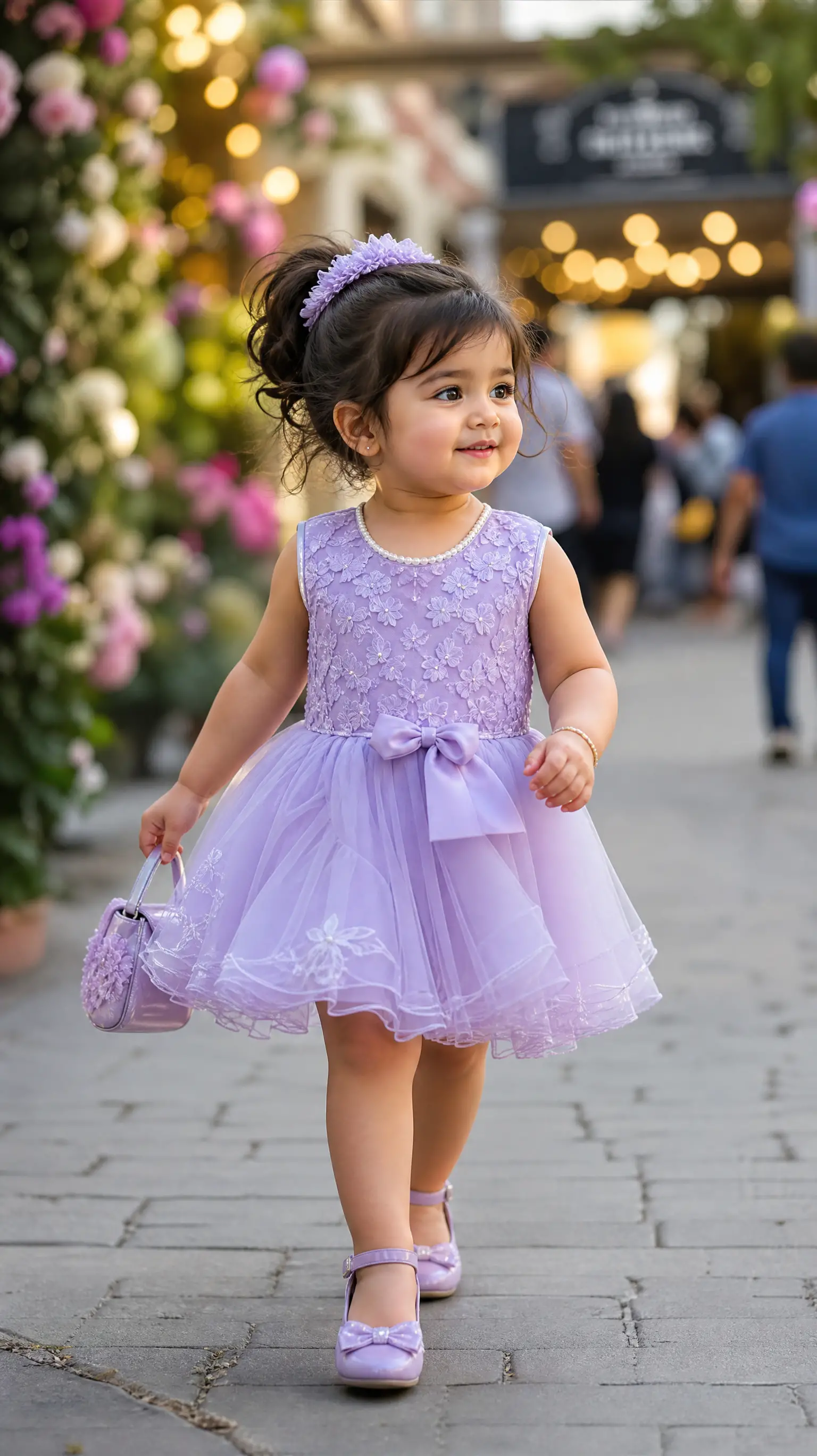 A realistic toddler girl against a softly blurred public backdrop