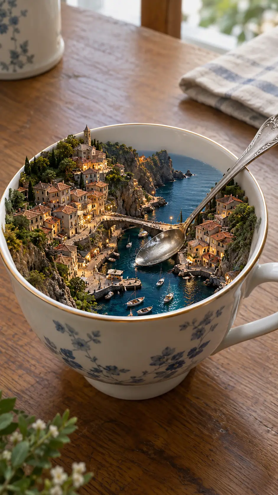 A porcelain teacup holds a miniature coastal village on a kitchen table