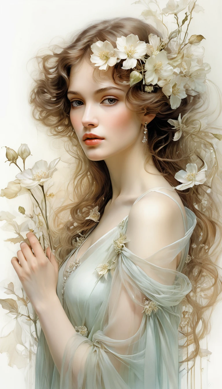 A Lady Among Delicate Pale Flowers in an Ethereal Impressionist Scene