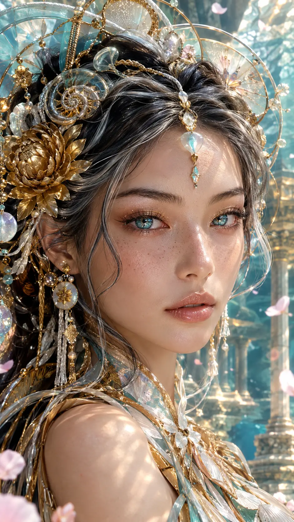 A woman with sculptural gold and sea glass hair in a close portrait