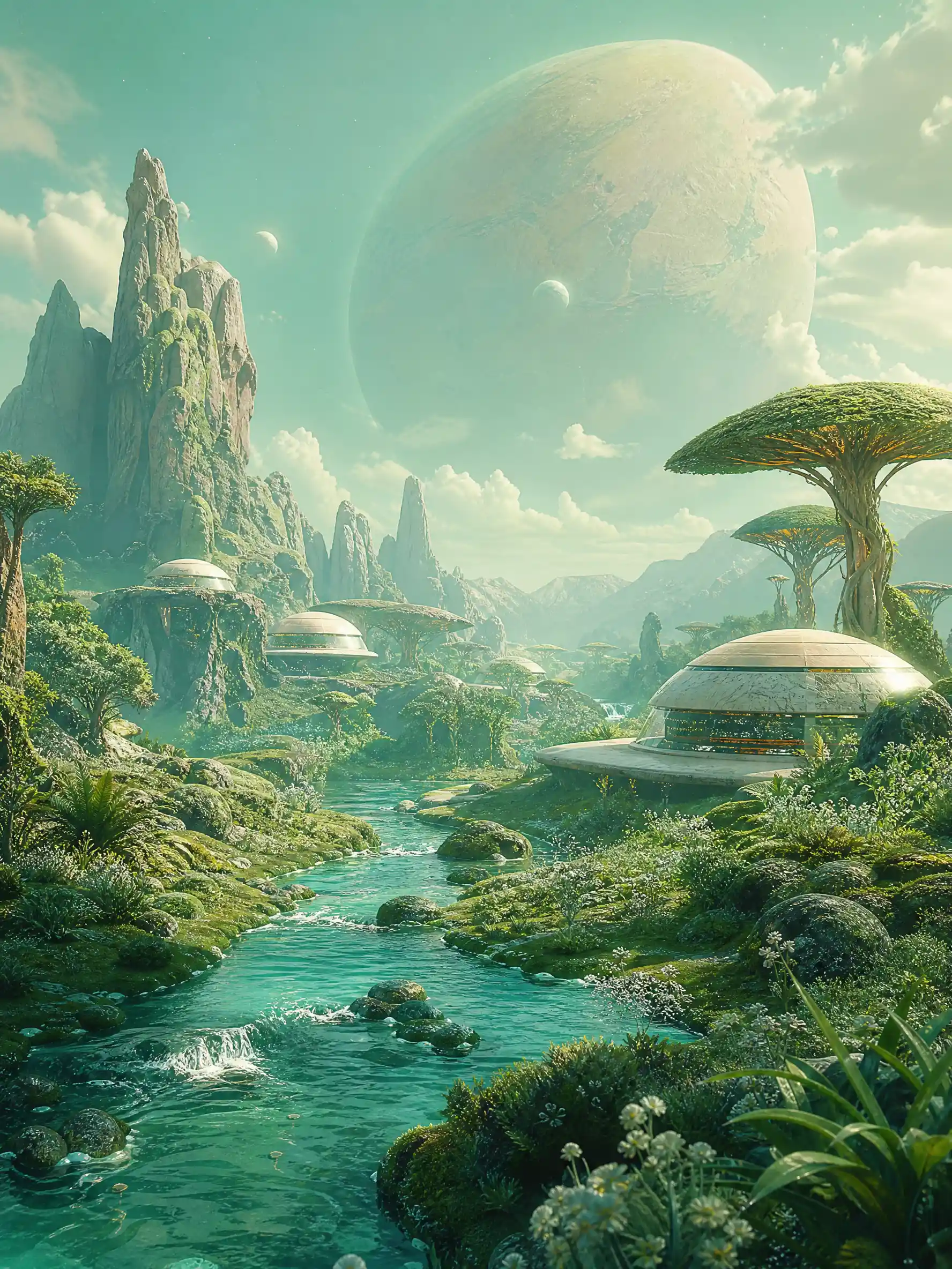 A dreamlike vision imagines Mars as a habitable world in mint green