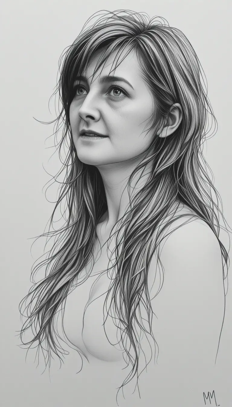 A black and white pencil portrait of a woman with flowing hair
