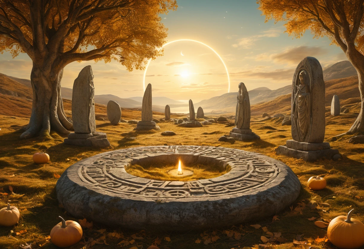 A sacred stone circle glows in ethereal autumn equinox light