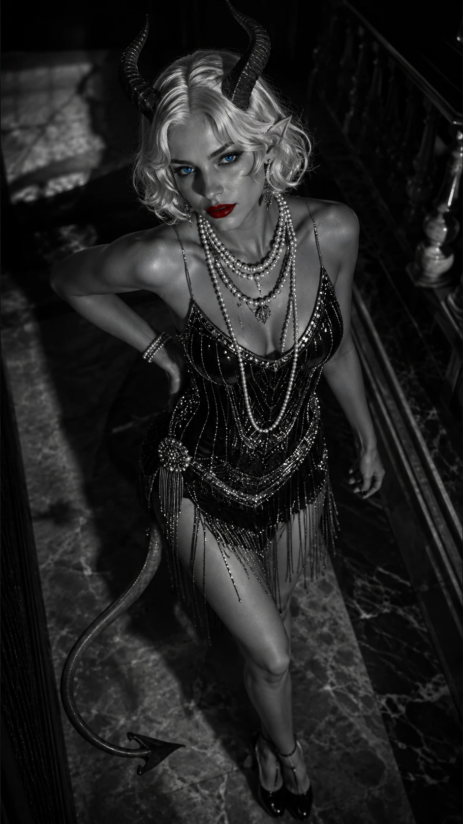 A tiefling woman poses in a sequined flapper dress with curved horns