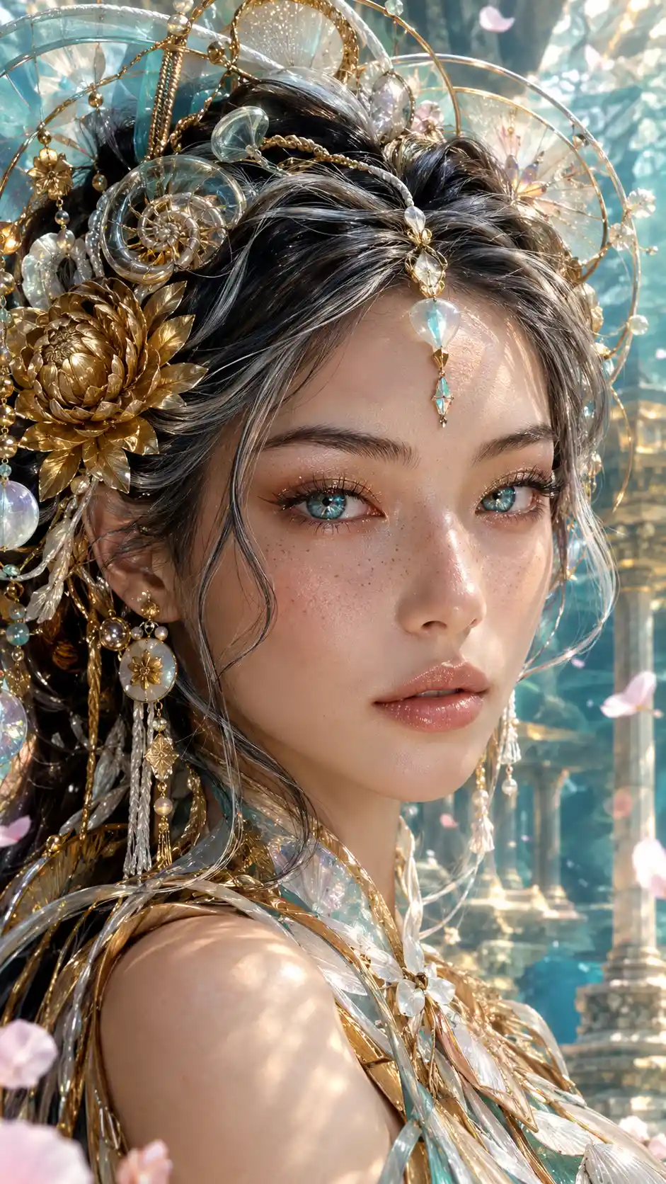 A woman with sculptural gold and sea glass hair in a close portrait