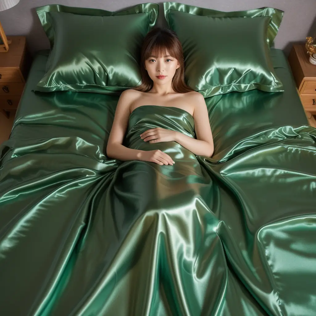 A Japanese woman lies on glossy green satin sheets, gazing toward the viewer