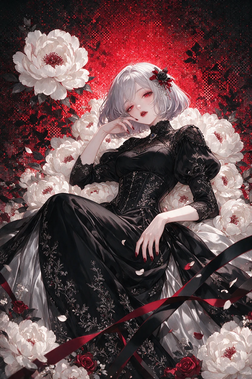 An anime woman reclines among white blossoms and crimson roses