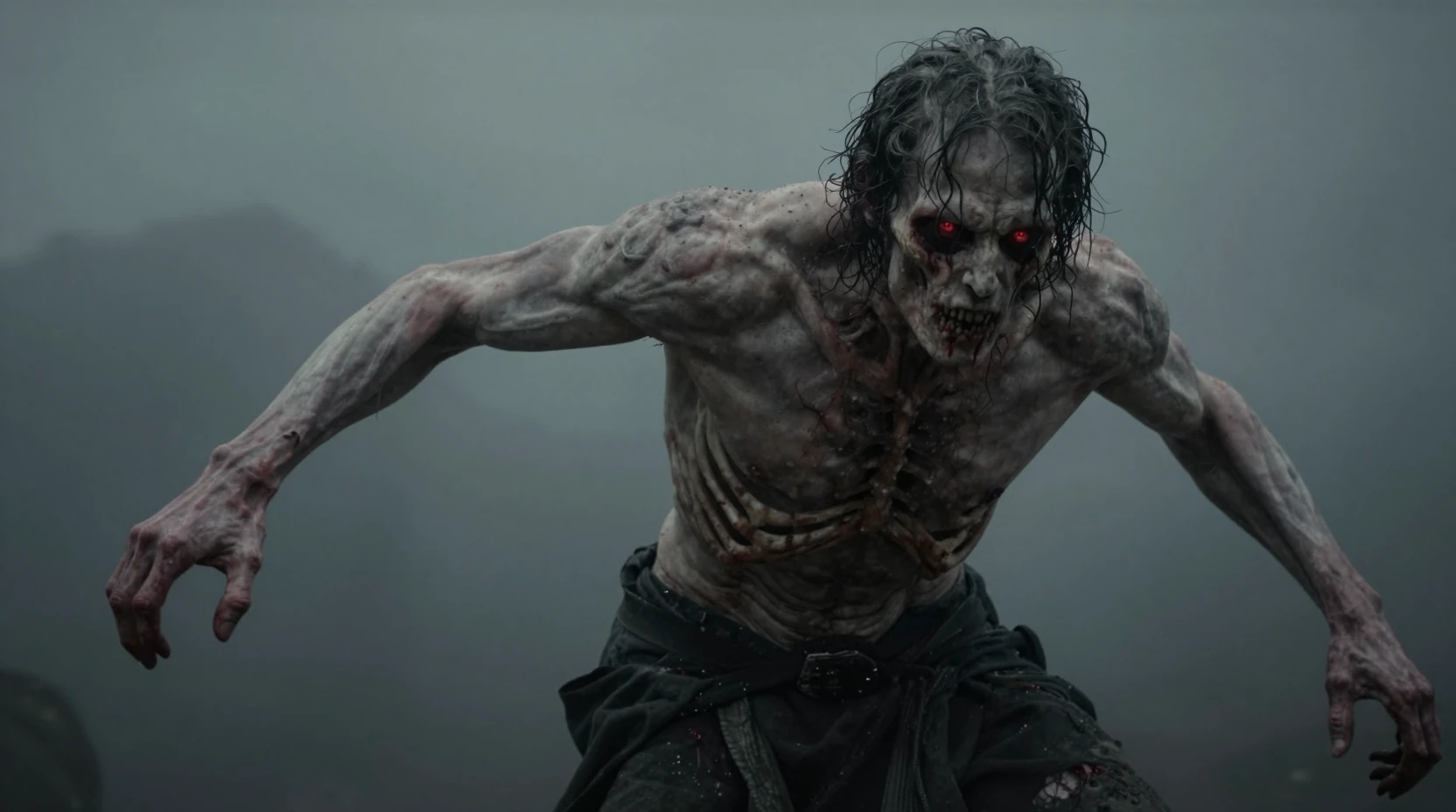 A gaunt, pallid man wastes away beneath skin stretched over sharp bones