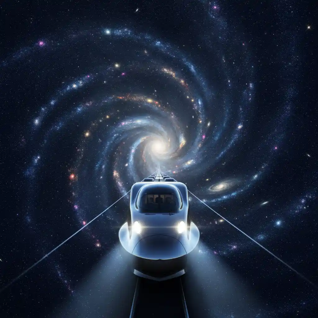 A train speeds across a starry sky with headlights cutting through darkness