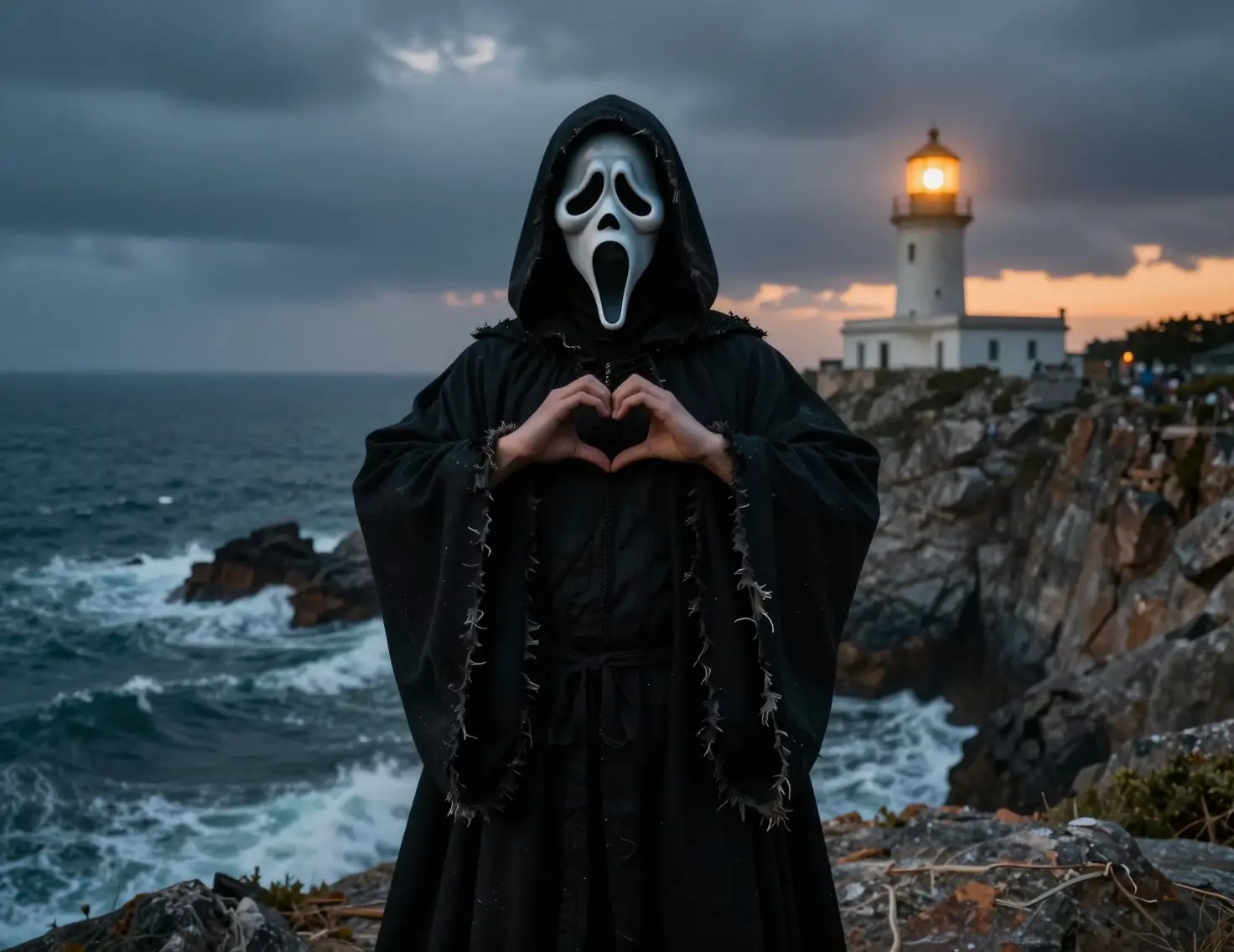 Masked Figure Forms a Heart Against a Twilight Coastal Lighthouse