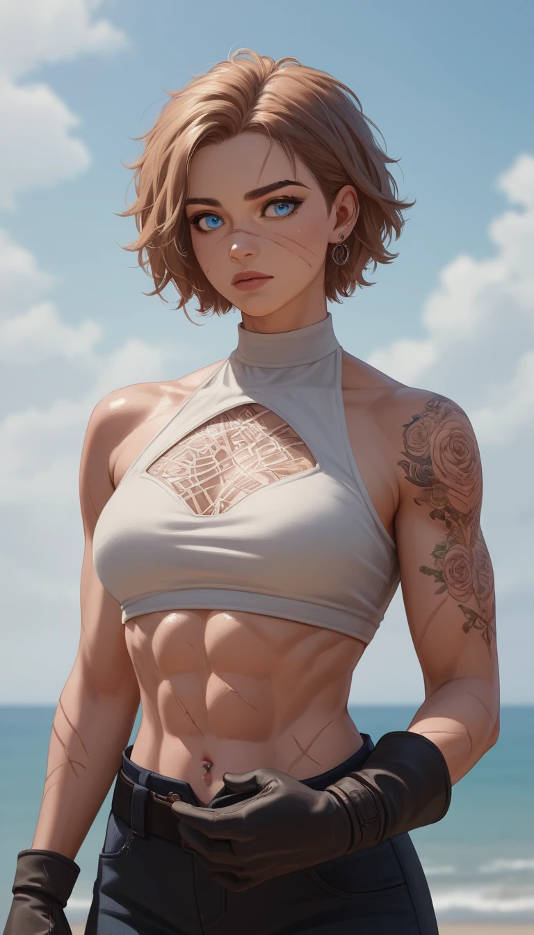 Anime cat heroine poses with tearful blue eyes and intricate tattoos