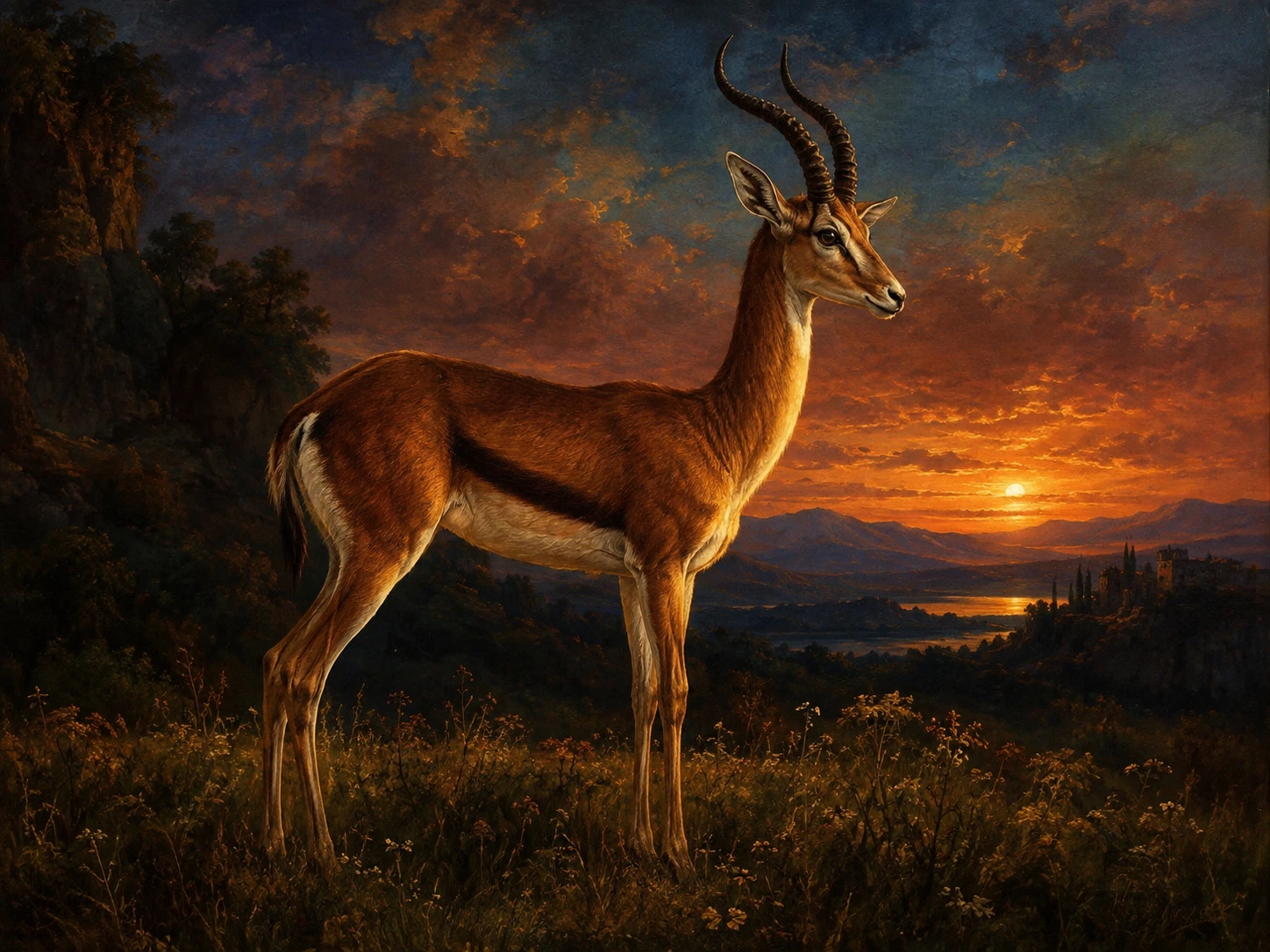A solitary gazelle gazes across a field in the evening light