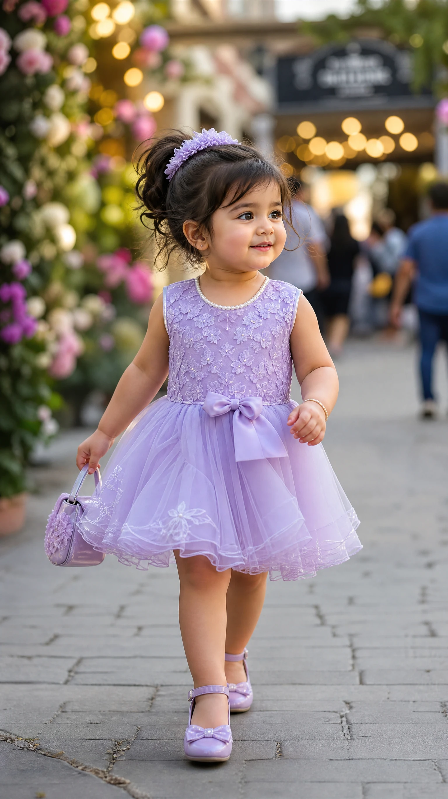 A realistic toddler girl against a softly blurred public backdrop