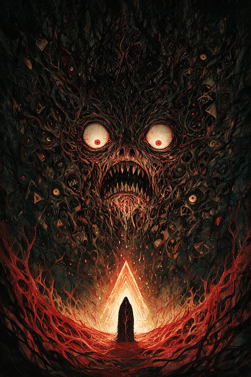 A solitary figure faces a colossal grotesque face in a vast abyss