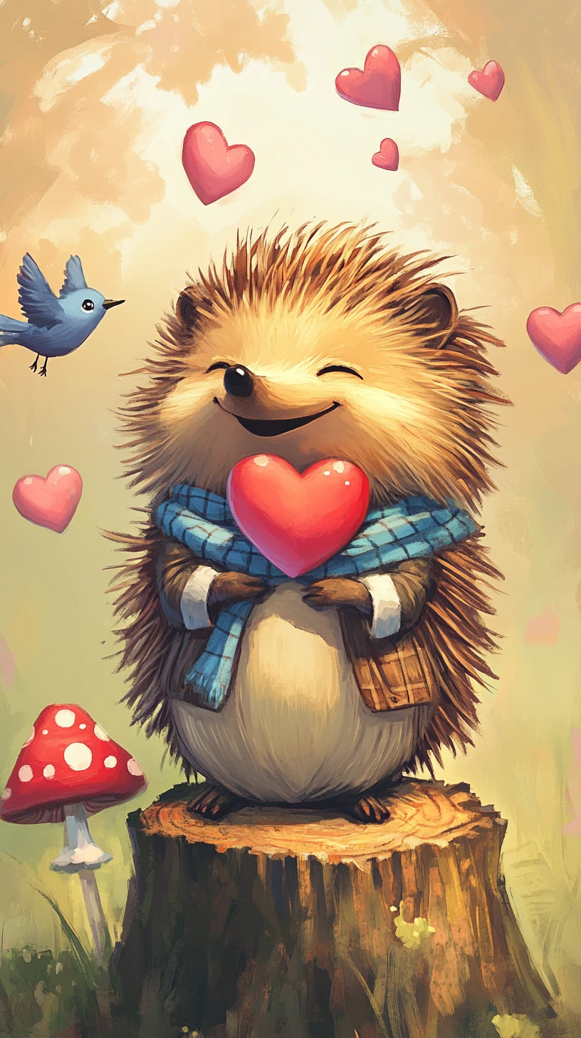 Cheerful hedgehog holds a bright red heart while sitting on a stump