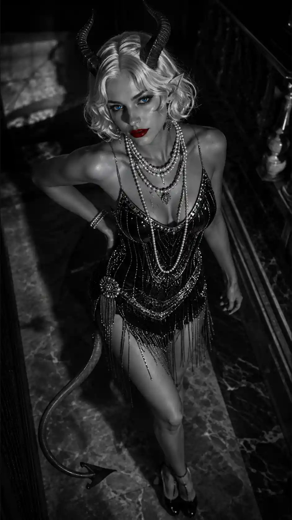 A tiefling woman poses in a sequined flapper dress with curved horns