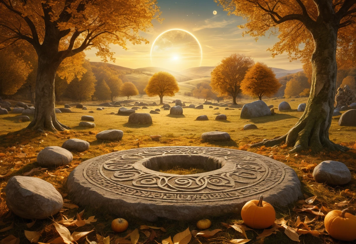 A sacred stone circle glows beneath golden equinox light