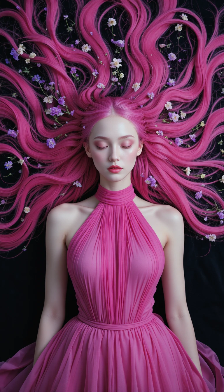 A young woman rests beneath flowing pink hair and tiny wildflowers