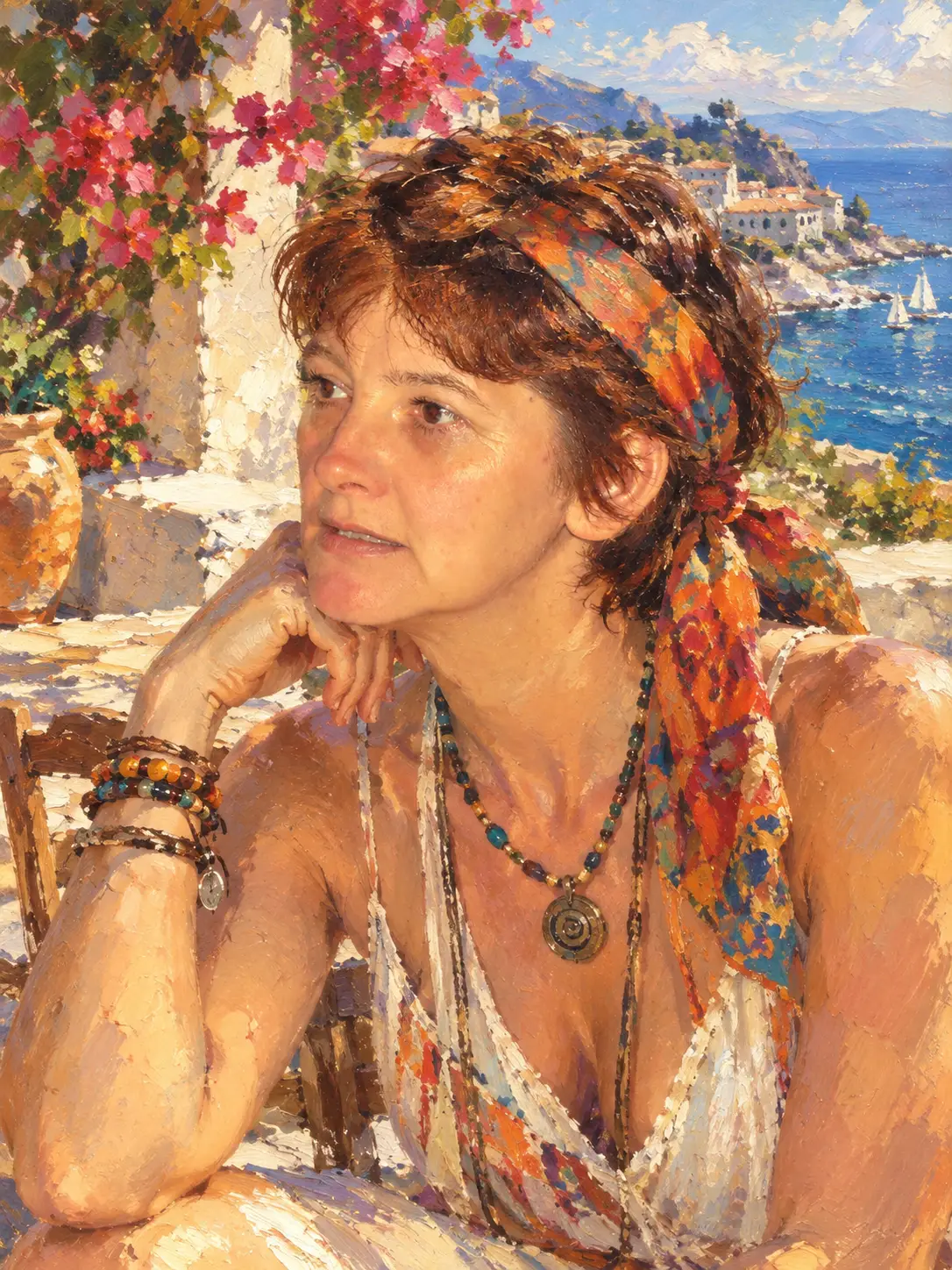 A young hippie poses before a sunlit Mediterranean scene