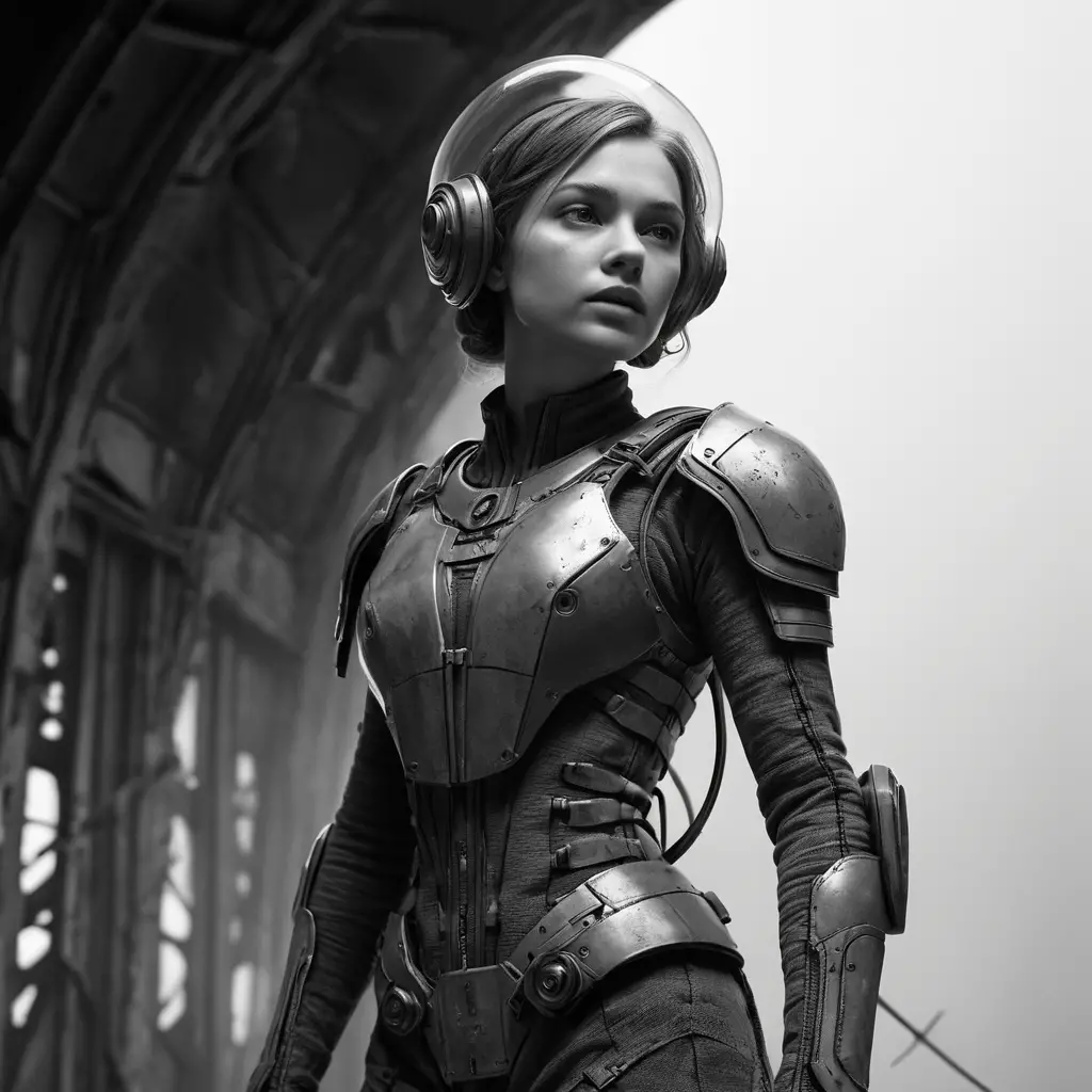 A young cosmonaut stands alone in a ruined futuristic hangar
