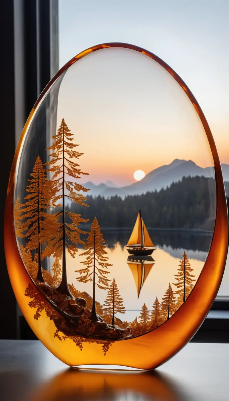 A Glowing sunset landscape with a sailboat inside pale amber