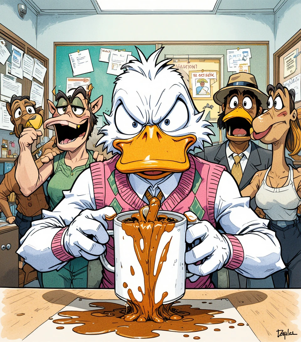 A panicked white duck spills a drink in a comic book illustration