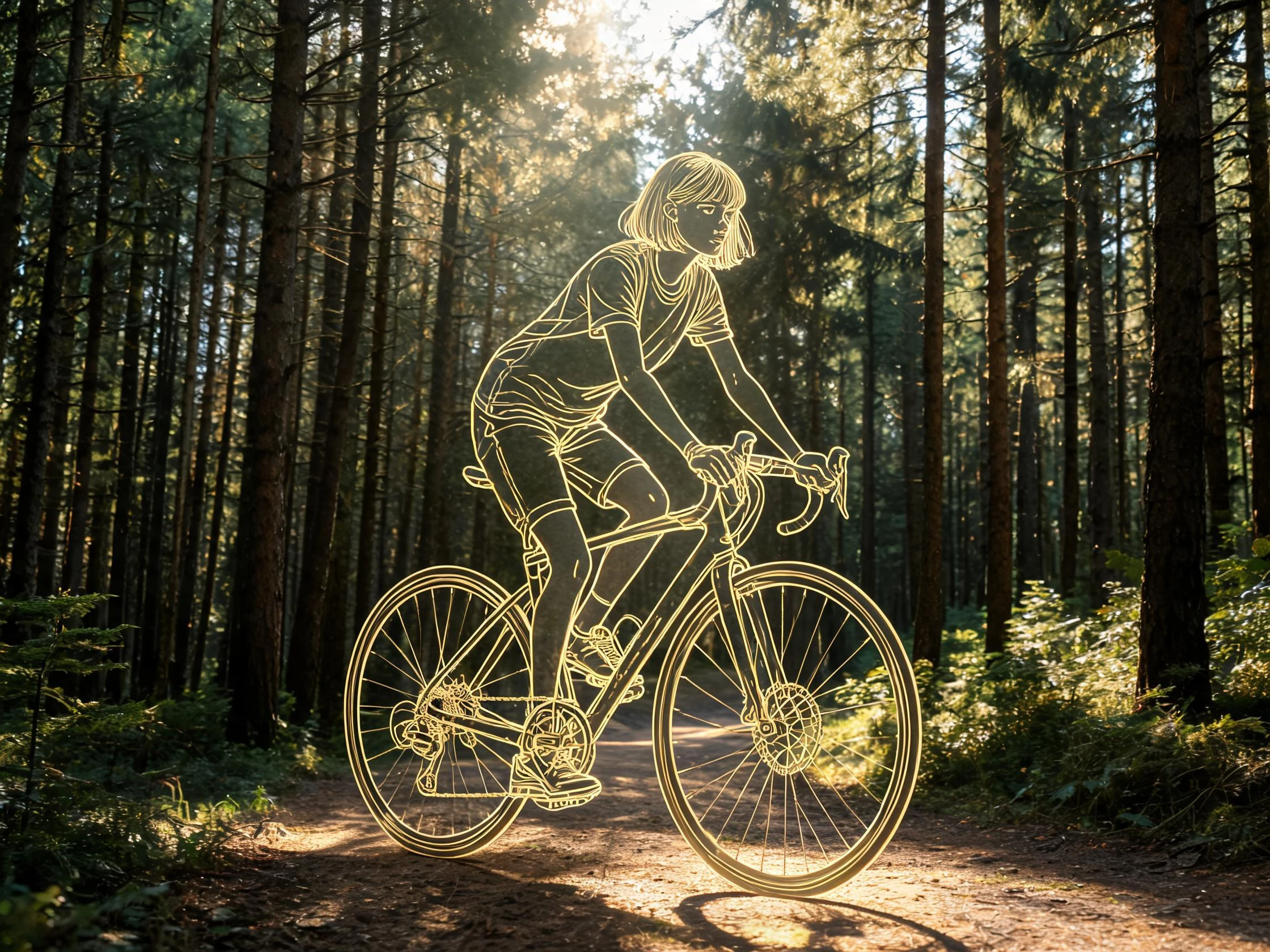A girl rides along a forest path beneath sunlit evergreen trees