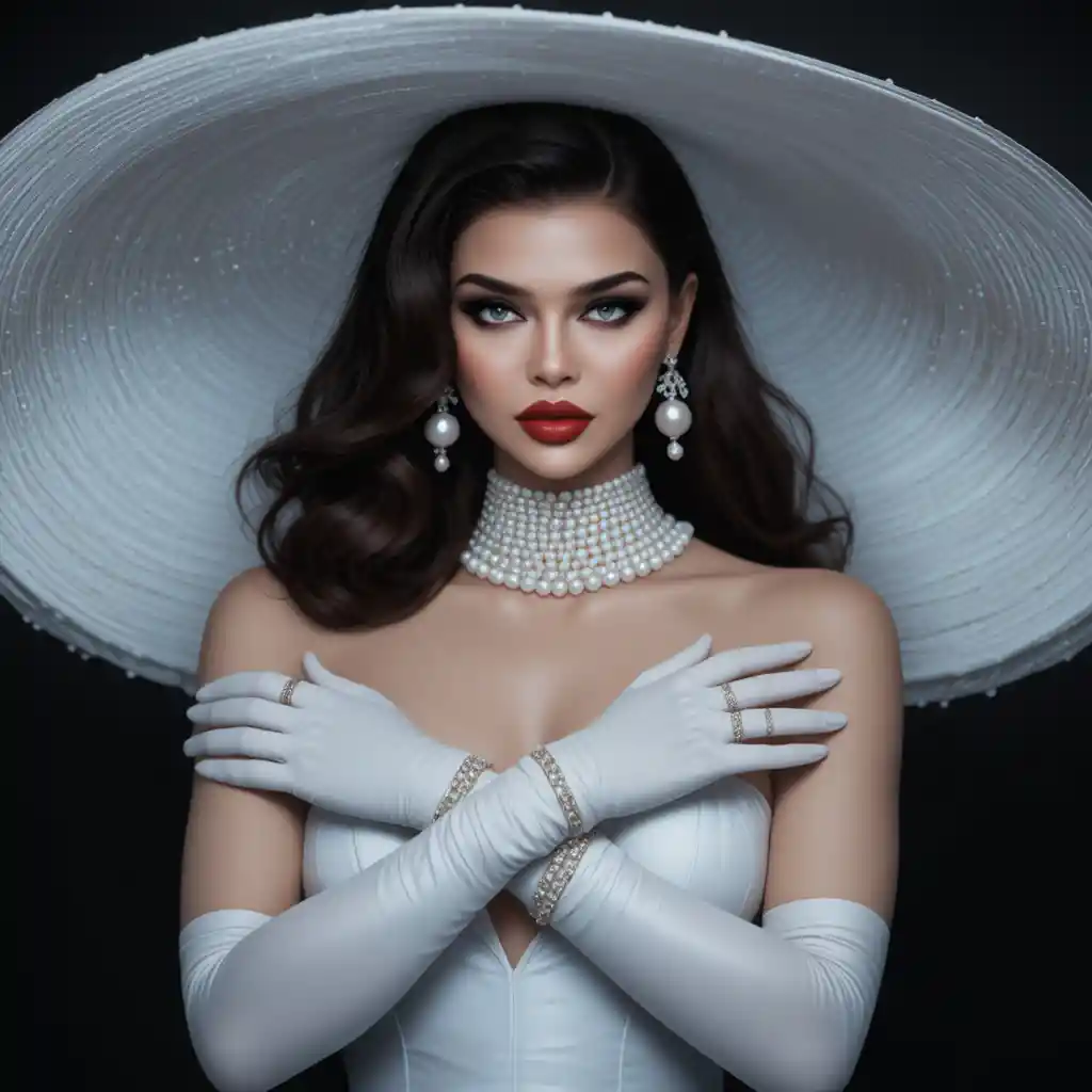 Une femme glamour avec un chapeau à large bord et des bijoux en perles