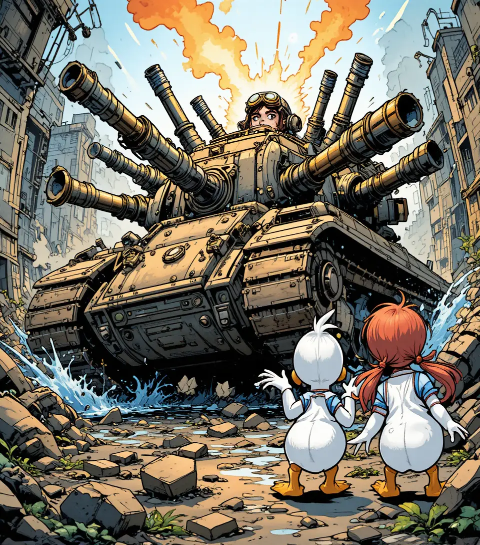 A steampunk tank fires its cannons in a chaotic comic book panel