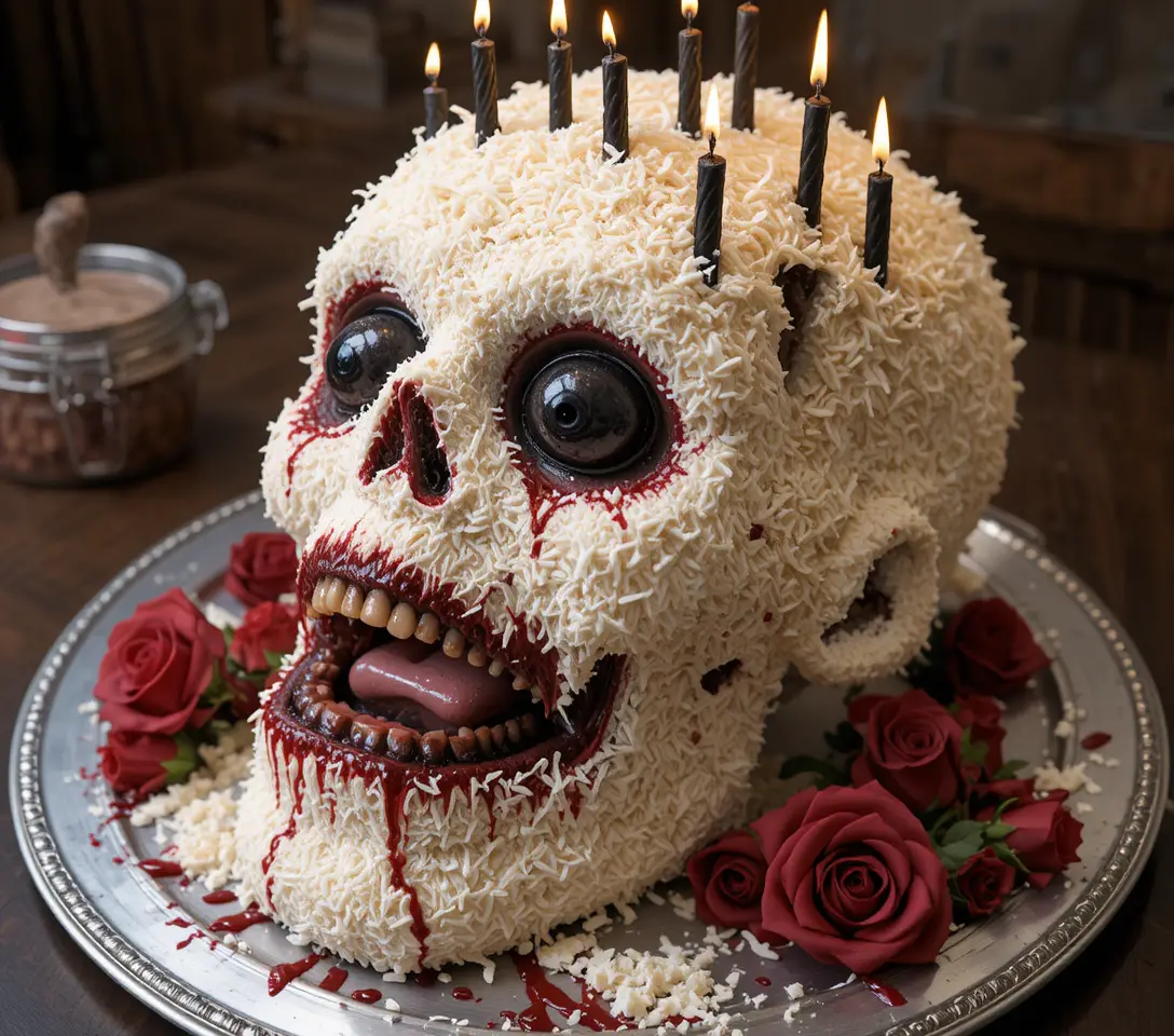 A Zombie Head Birthday Cake With Coconut Frosting and Dripping Roses
