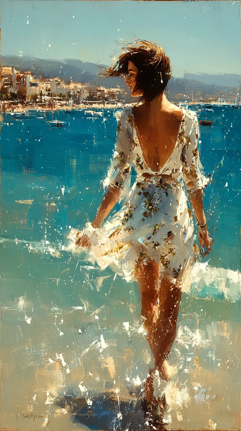 A Young Japanese Woman Contemplates the Sunlit Sea in Profile