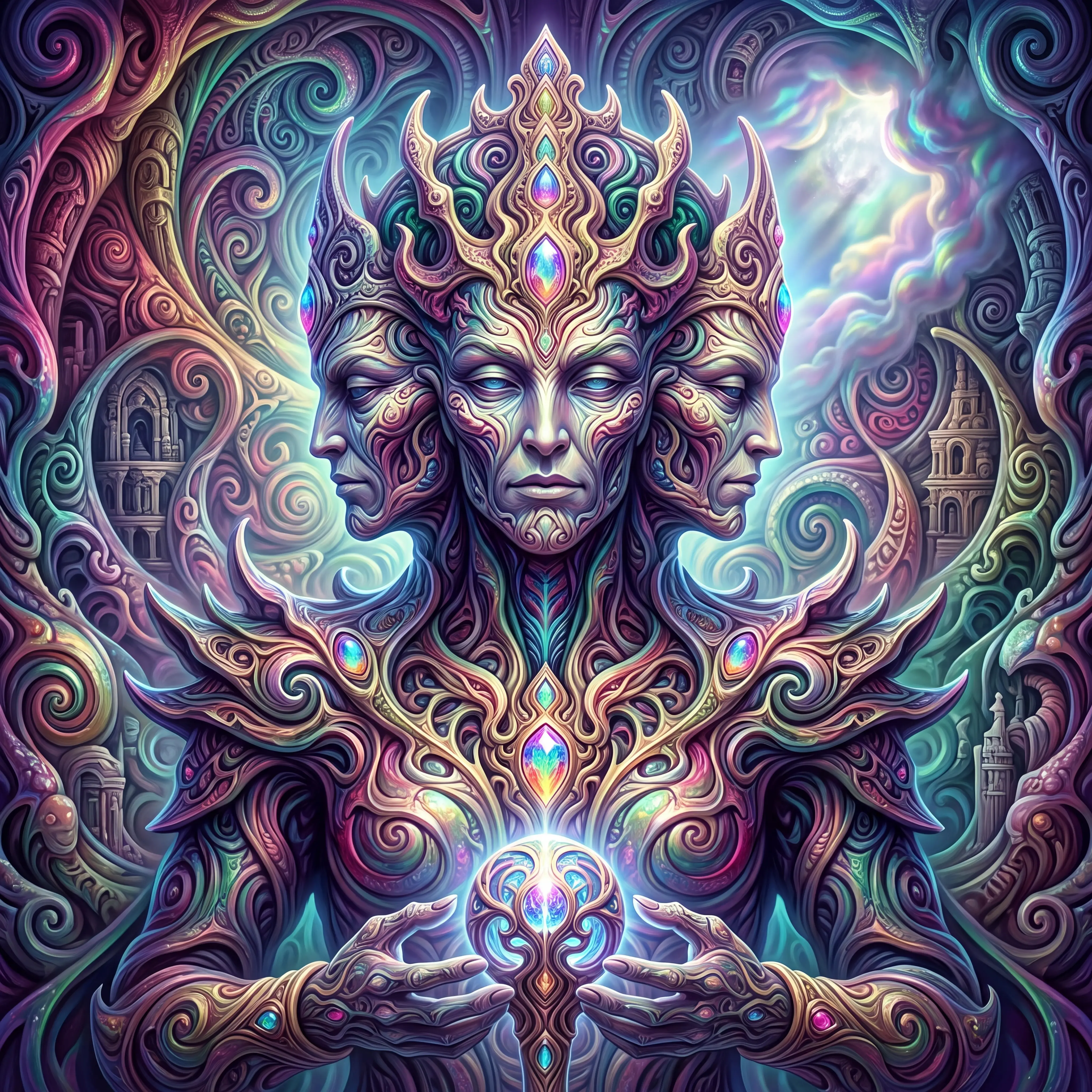 A majestic royal figure surrounded by swirling iridescent mystical patterns