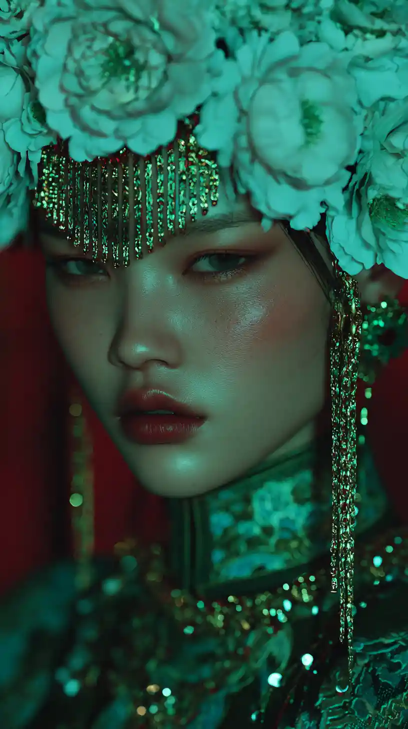 Eine asiatische Cyberpunk-Prinzessin mit einer herabfließenden Blumenkrone