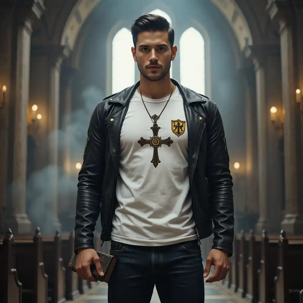 A man stands in an ornate chapel holding a worn Bible