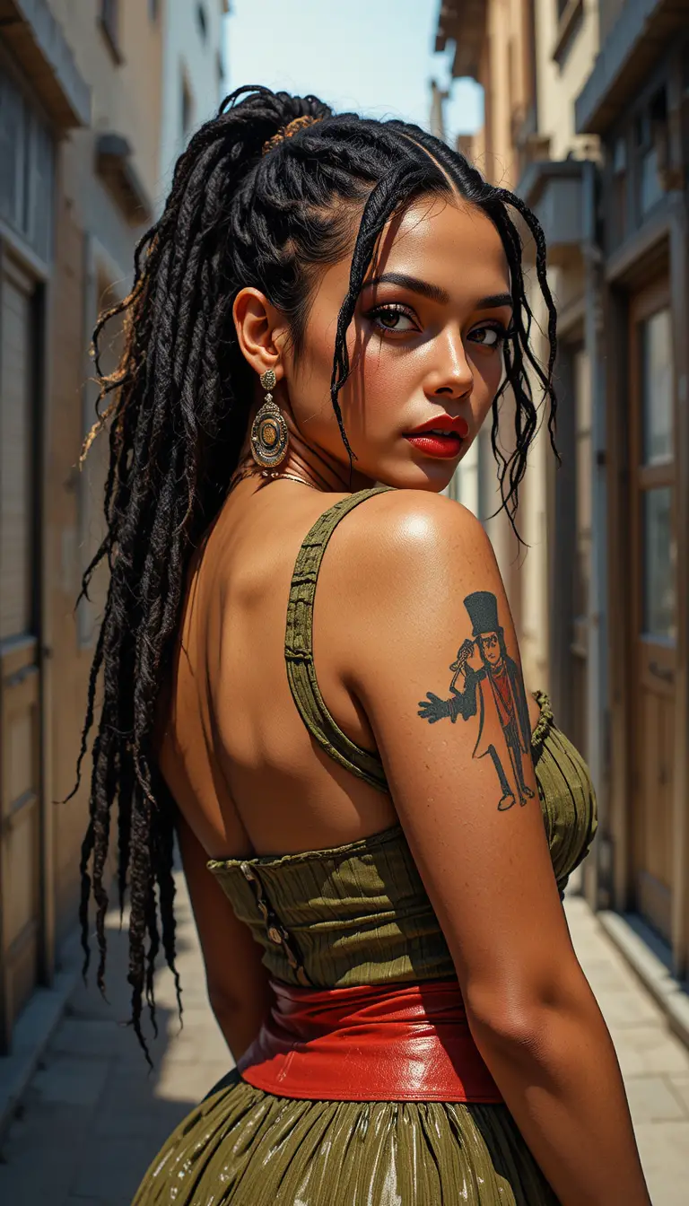 Woman with dreadlocks and a shoulder tattoo looking back in a fashion portrait