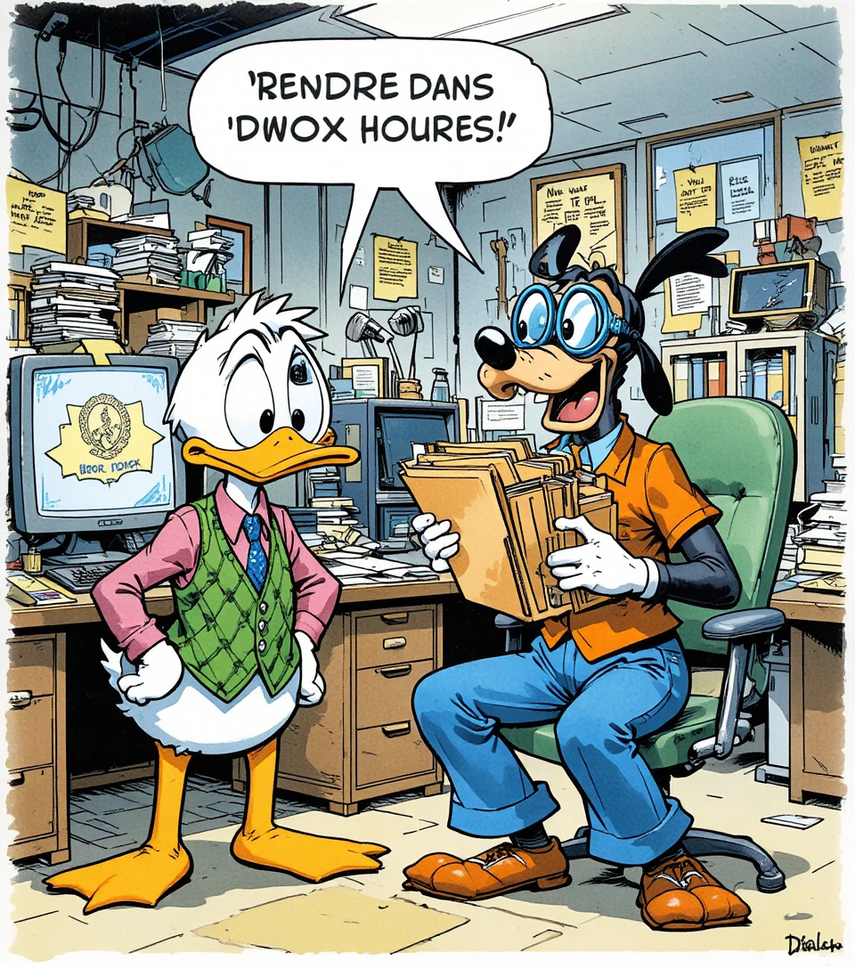 Worried Duck and Agitated Dog Face a Deadline in a Chaotic Comic Office