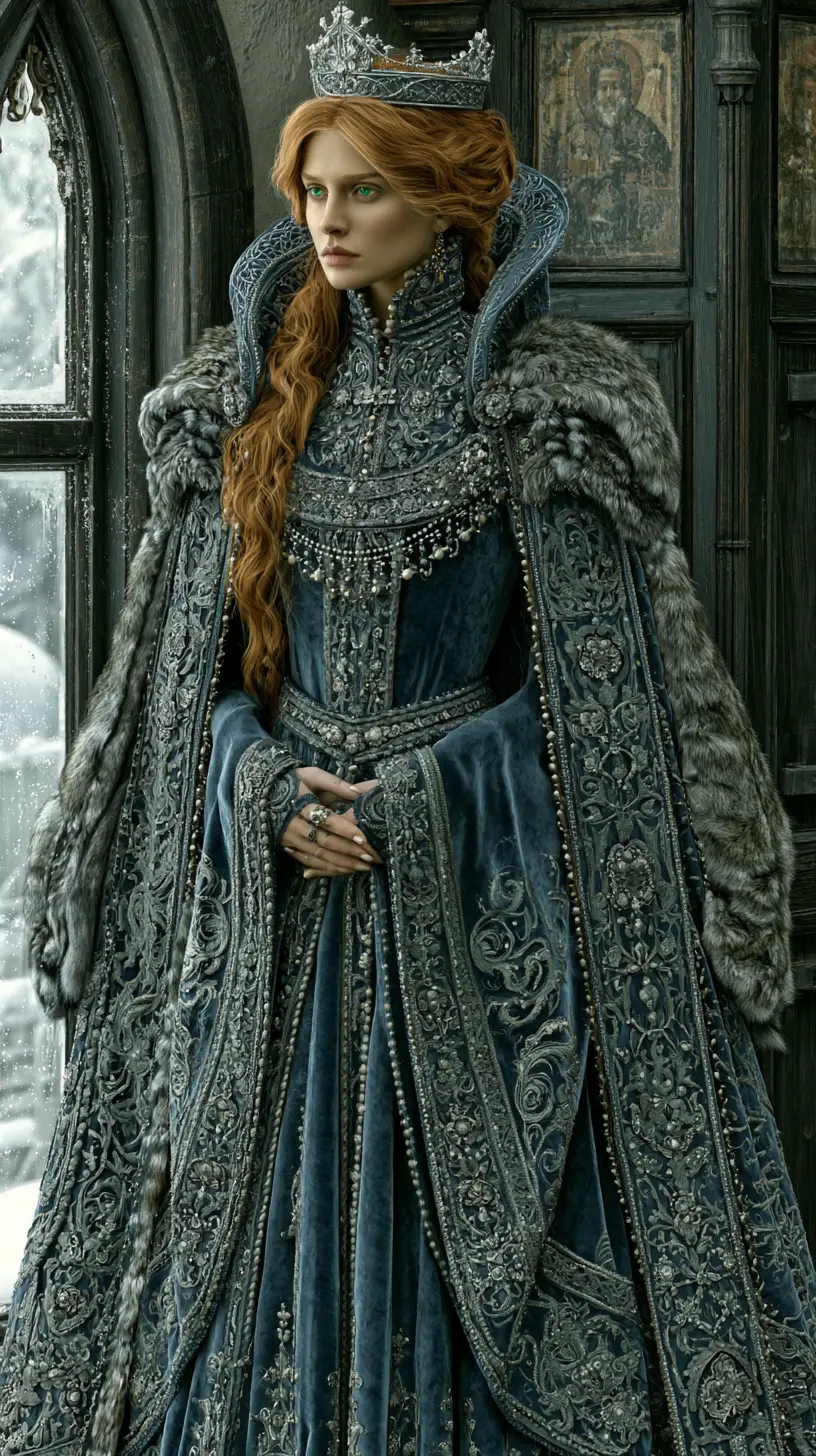 A young Slavic queen in a formal medieval court portrait