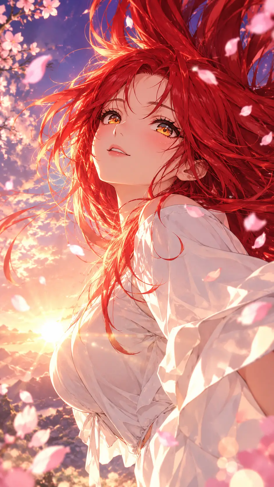An anime woman with crimson hair amid swirling cherry blossom petals