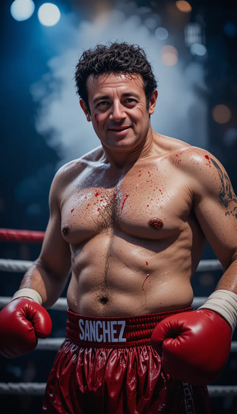 A bloodied boxer stands weary and determined inside the ring