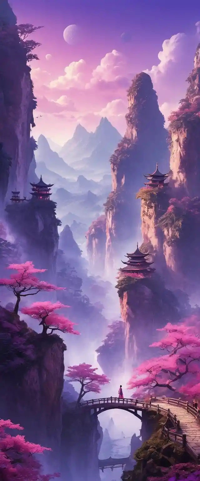 A phoenix soars above a smoky mountain in a Chinese fantasy world