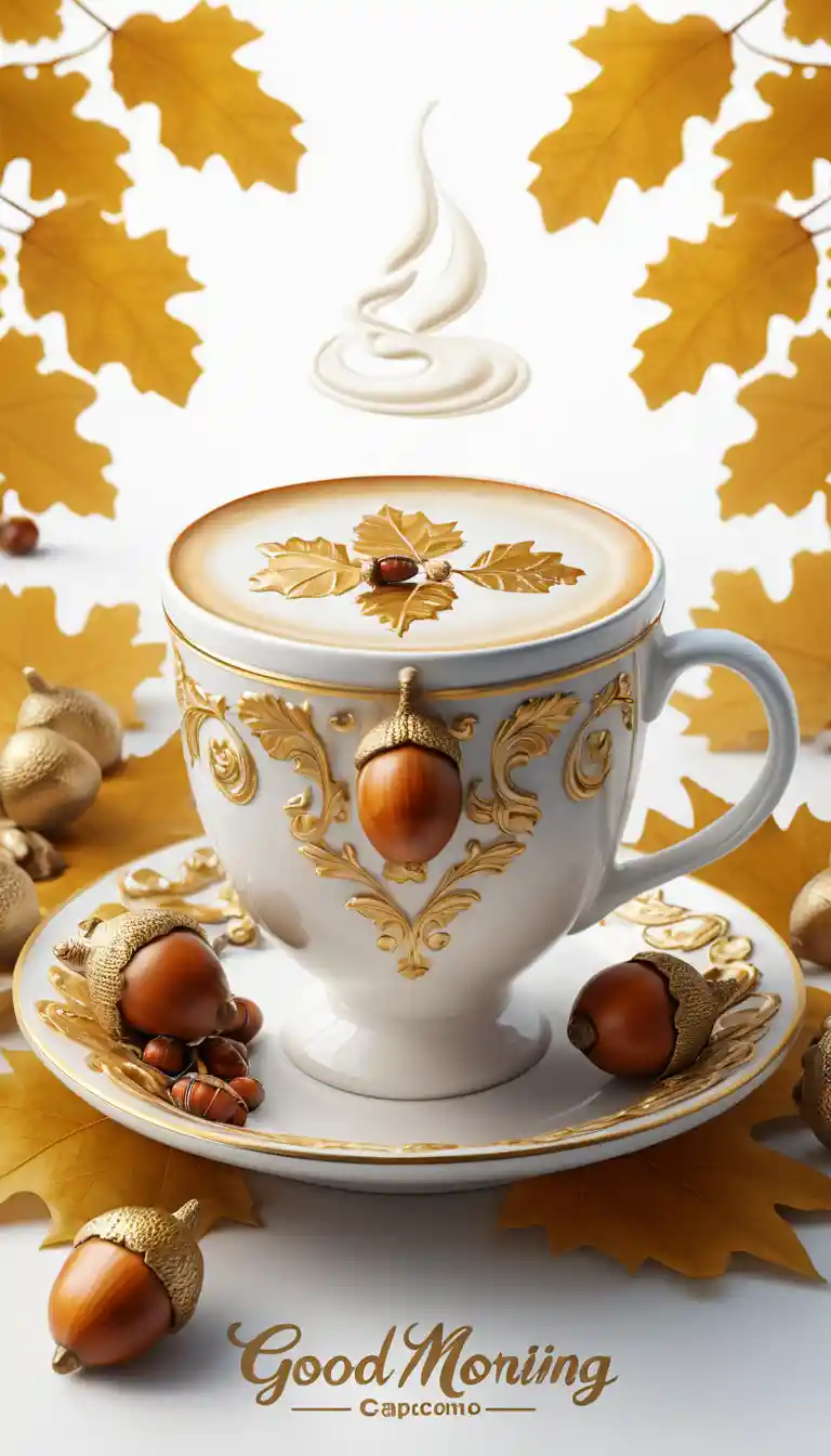 Cappuccino Foam Decorated With Golden Acorns And Leaves