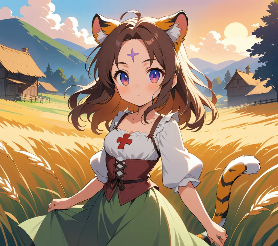 Anime tiger girl standing in a sunlit wheat field beside a farmhouse