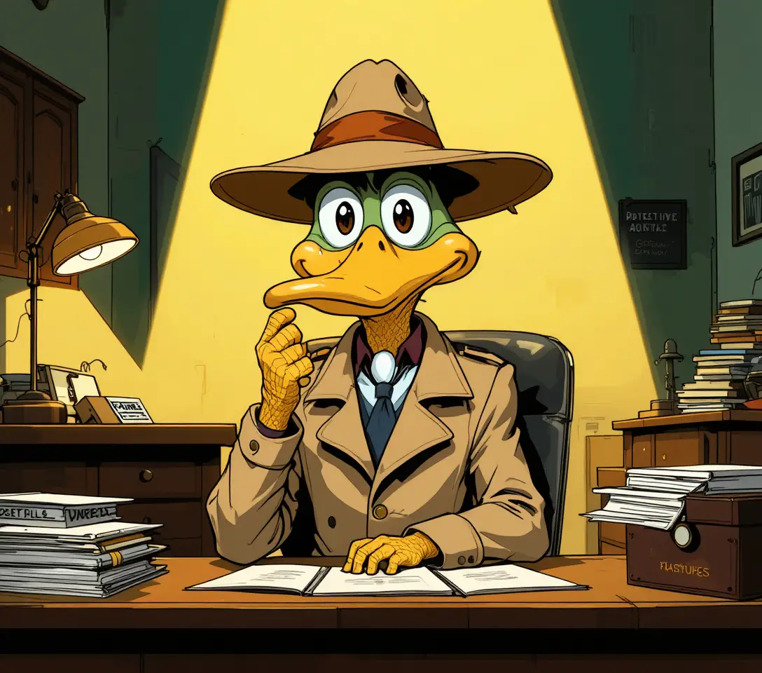 Um detetive pato de desenho animado reflete à sua mesa sob uma luminária