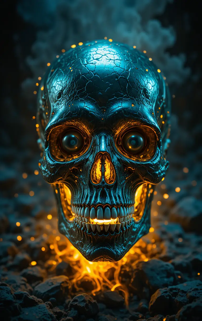 A molten skull with chrome trim, black pearl eyes, and chipped teeth